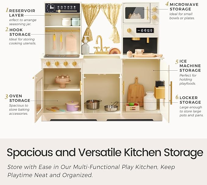 Tiny Land Play Kitchen for Kids, Toy Kitchen Set with Plenty of Play Features, New Modern Kids Wooden Play Kitchen Designed in Trendy Home Style with Curtains, Gift for Ages 3+