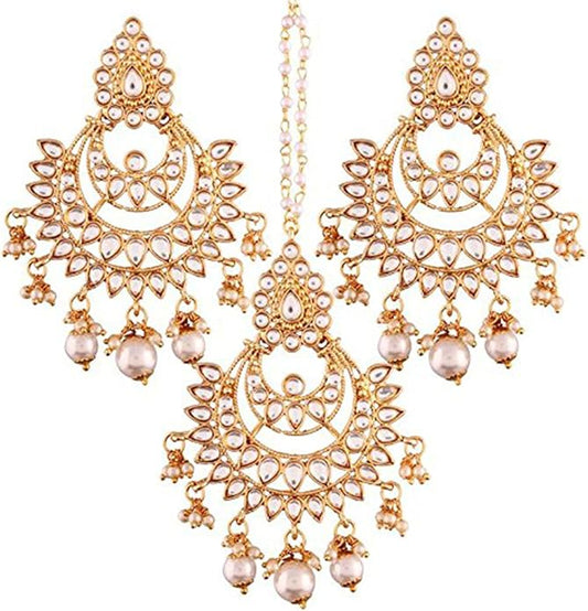 Aheli Ethnic Faux Kundan Drop Pearl Beads Dangle Earrings Maang Tikka Set Bollyood Fashion Jewelry for Women & Girls