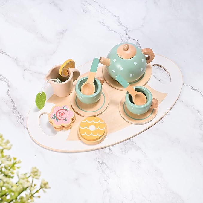 15pcs Wooden Tea Set for Little Girls, MONT PLEASANT Wooden Toys, Toddler Tea Set Play Kitchen Accessories Play Food playset for Kids Tea Party