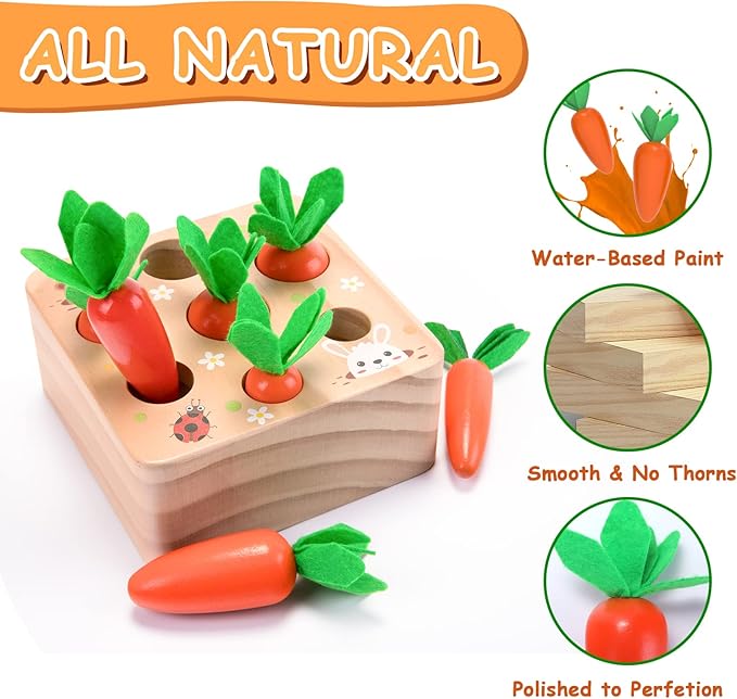 Montessori Toys for 1 Year Old, Carrots Harvest Wooden Baby Toys for 6-12 Months Educational Shape Sorting Matching Toys for Toddler Fine Motor Skill Development, Gift for Kids Birthday Easter Toys