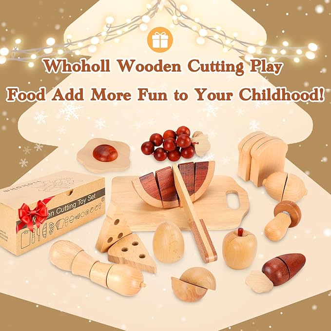 WHOHOLL Wooden Play Food, Toddler Cutting Play Food Sets for Kids Kitchen, Velcro Fake Food Fruit Toys for Pretend Play Kitchen, Montessori Toy Kitchen Accessories for Girls Boys Gifts