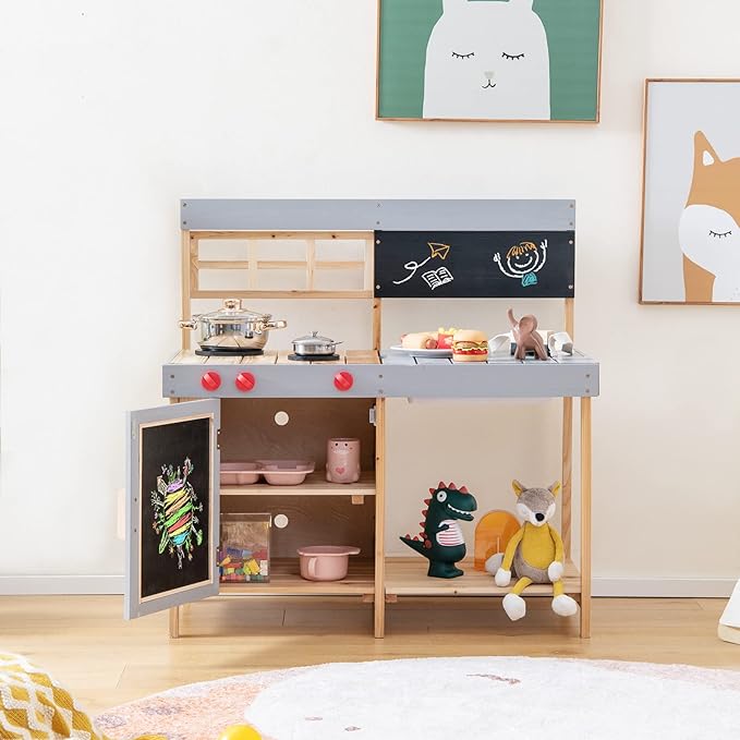 Costzon Mud Kitchen for Kids Outdoor, Wooden Pretend Play Kitchen with Removable Sink, Stoves, Storage Shelf, Toddler Backyard Toy Kitchen Set, Kids Kitchen Set for Boys Girls Age 3+