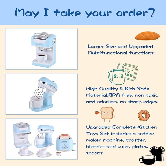 Kitchen Appliances Toys, Play Kitchen Accessories, Toy Kitchen Appliances for Kids, Pretend Kitchen Toys with Coffee Maker, Mixer and Toaster, Toy Kitchen Set Birthday Gift for Kids Ages 3+ (Blue)