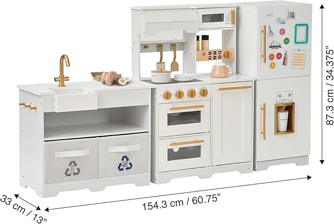 Teamson Kids Little Chef Atlanta Large Modular Wooden Play Kitchen with Interactive, Realistic Features, and 17 Kitchen Accessories, for 3yrs and up, Blue/White/Gold