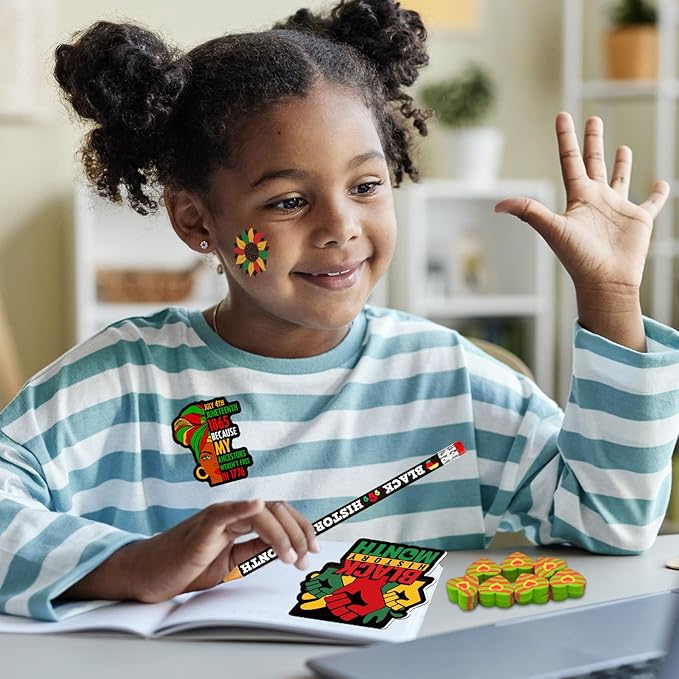 218 PCS Black History Month Party Favors Happy Juneteenth Party Classrooms Exchange Stationery Giveaways Sets Class Reward Prizes Pencils Erasers Stickers for African American Party Supplies (BHM)