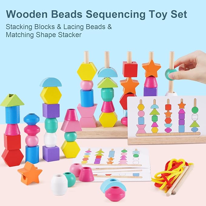 Toddler Montessori Toys Wooden Beads Sequencing Toy Set, Stacking Blocks, Matching Shapes, Lacing Beads, Shape Sorter Toys for 2 3 4 5 Year Old Boys Girls, STEM Preschool Learning Toys Gifts for Kids