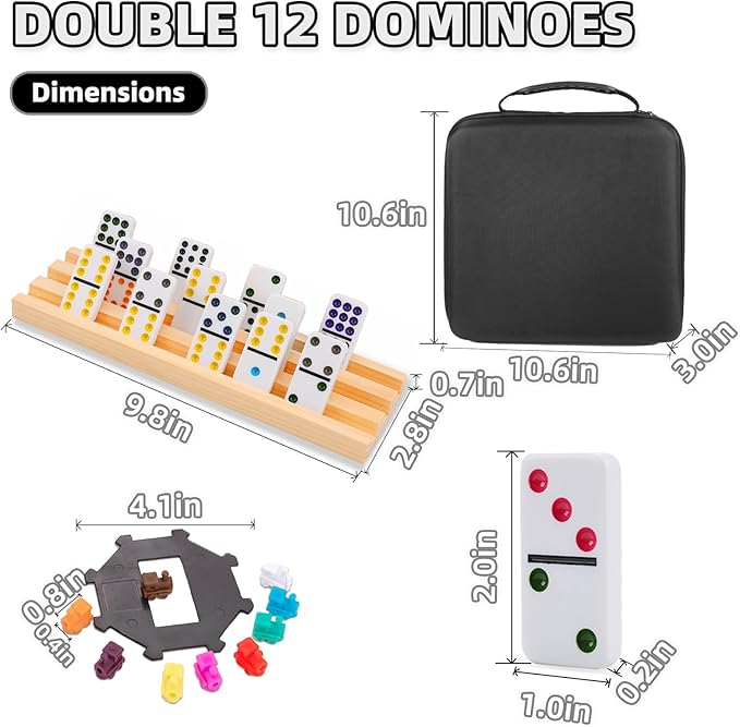 Mexican Train Dominoes Set with 8 Wooden Racks, Double 12 Colored Dot Dominoes with Update Hub, Travel Domino Train Game with 91 Tiles and Portable Carry Case, Family Board Team Games