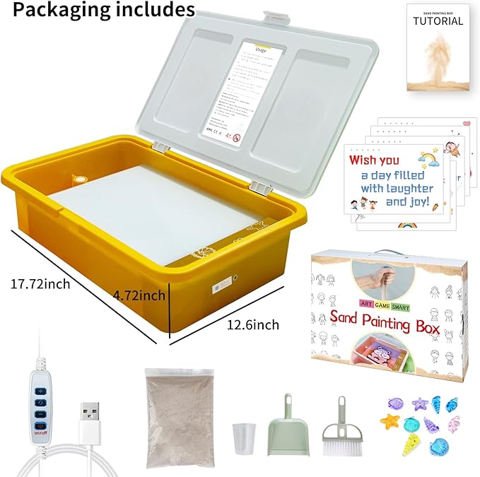 18" Rechargeable Sand Painting Light Box with Lid Toddler Sand Art Kits Light Table Toys for Kids 3 Color Modes & 10 Levels Adjustable Brightness Sand Sensory Toy