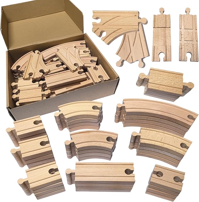 Wooden Train Track 44 Piece Set, Train Track Expansion Compatible with All Major Railroad Brands Including Thomas Wooden Train, Brio, Thomas The Tank Engine