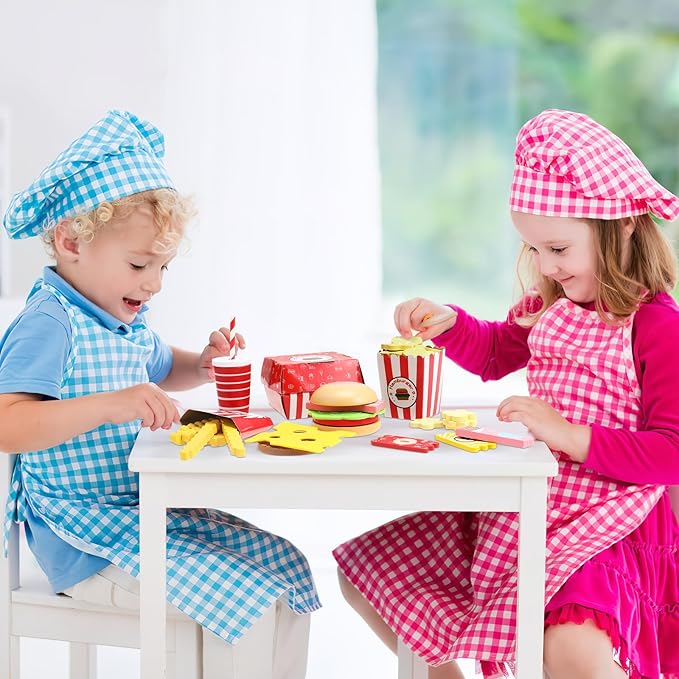 Wooden Fast Food Burger Fries Deluxe Dinner Set, Kitchen Pretend Play Accessories Toy, Realistic Burger Fries Pretend Play Food Set Toy House Props Educational