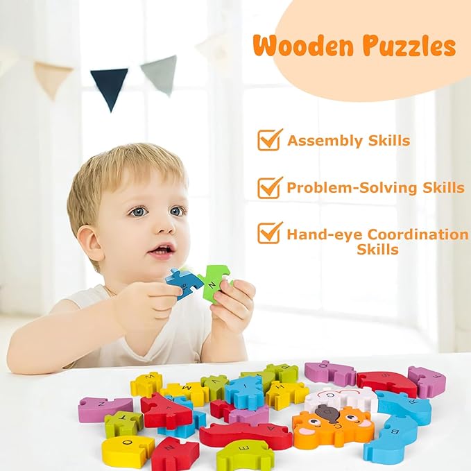 LovesTown Lion Wooden Puzzle, 26PCS Jigsaw Puzzle Alphabet and Number Blocks Animal Wooden Building Blocks for Kid Preschool Education