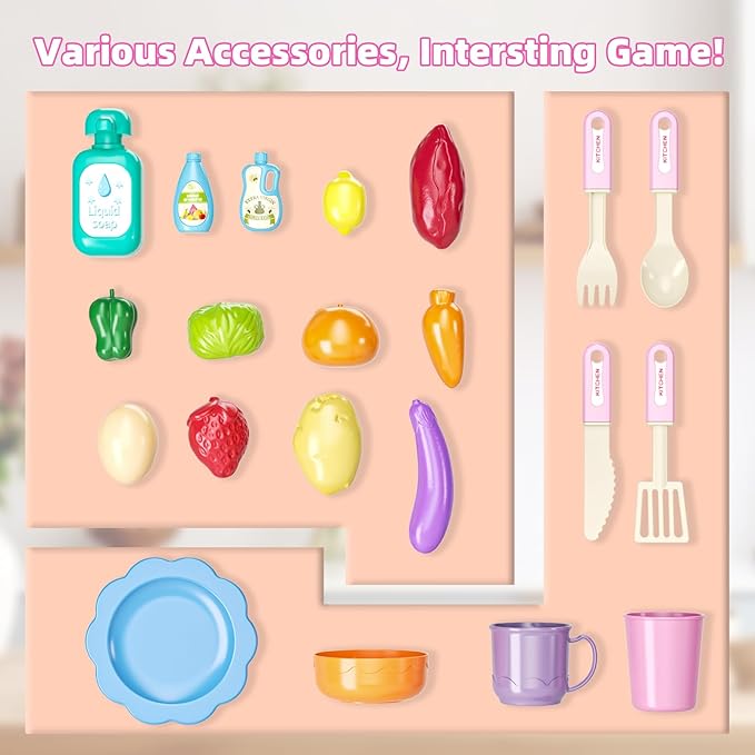 Doloowee Color Changing Kitchen Sink Toys,Electric Dishwasher Playing Toy Play Sink for Kids 3-5 with Running Water,Upgraded Faucet and Play Dishes,Pretend Play Kitchen Toys for Kids Boys Girls(Pink)