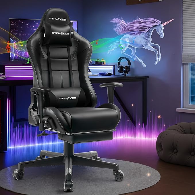 GTPLAYER Gaming Chair with Speakers, Music Gaming Recliner Chair for Adults and Kids, Height Adjustable Computer Game Reclining Chair with Footrest by GTRacing (Black)