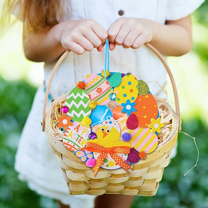 12 Sets Easter Wreath Signs Decorations DIY Foam Easter Craft Kits Easter Eggs Bunny Chick Foam Stickers Pom-Poms Googly Eyes for Kids Classroom Home Activity Art Project Gift Easter Front Door Décor