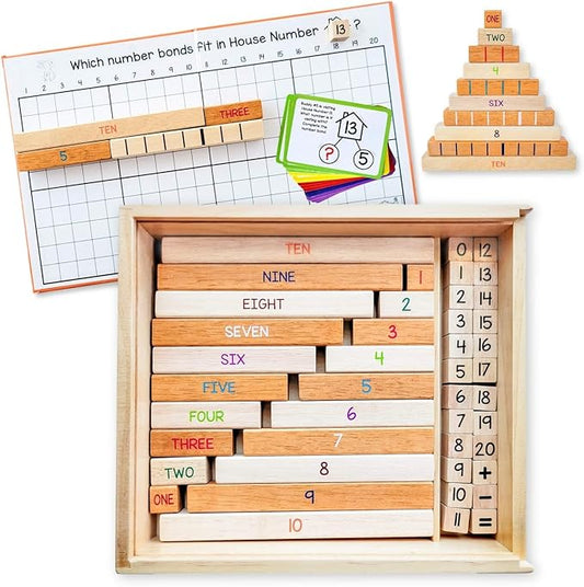 LITTLE BUD KIDS House of Number Buddies Math Game, a Number Bonds Math Toy with Number Rods and Addition & Subtraction Flash Cards, a Montessori Material for Kids 4-8 Years Old
