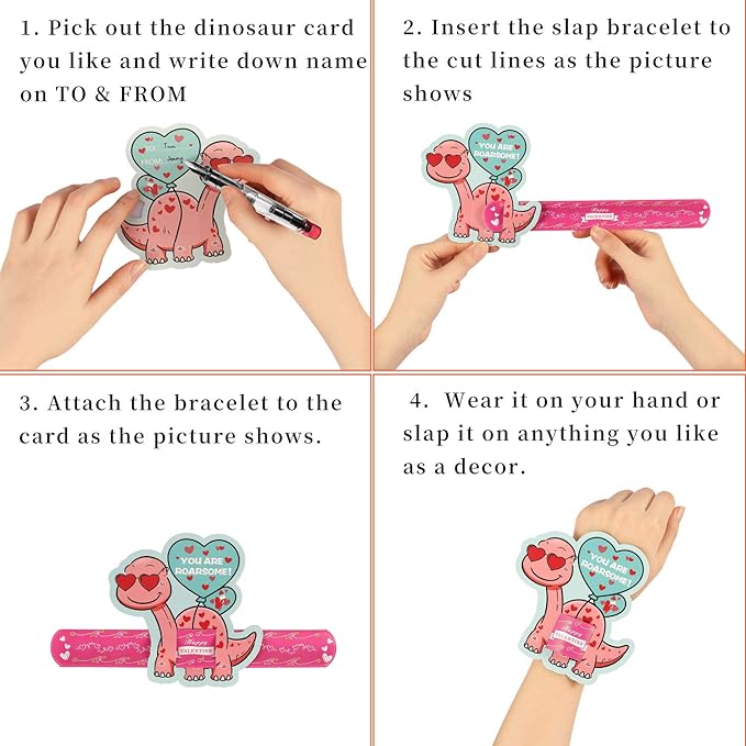 Mibor Valentines Day Cards for Kids - 30 Pcs Dinosaur Gift Cards + 30 Pack Slap Bracelets for Valentines Party Favors, Valentines Day Cards for Kids Party Decorations, Valentines Gift Snap Bracelets