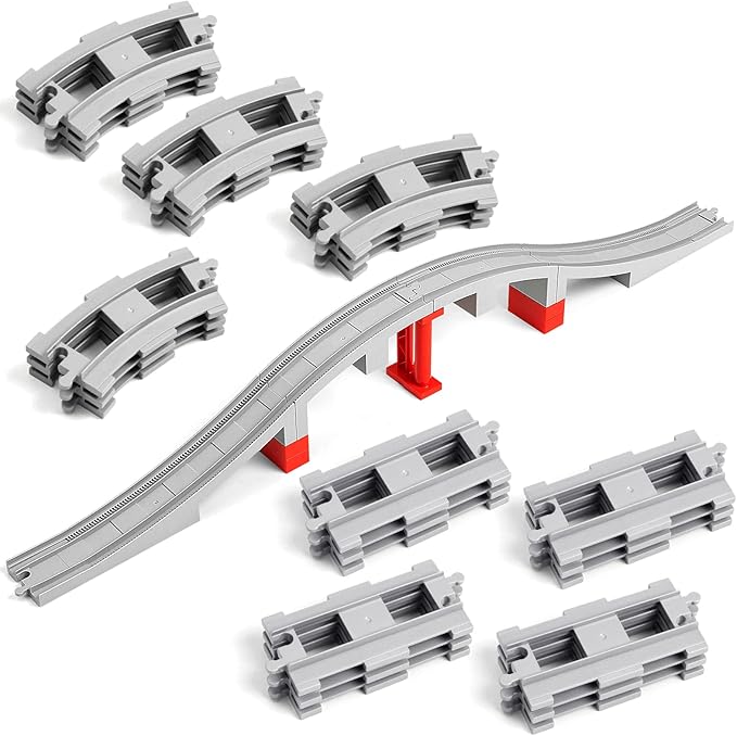 34 Pieces Train Bridge Track, Classic Railway Track with 12 Curved Tracks, 12 Straight Tracks and Bridge Tracks - Compatible with All Major Brands, Toy Track Accessory for Kid, Light Grey