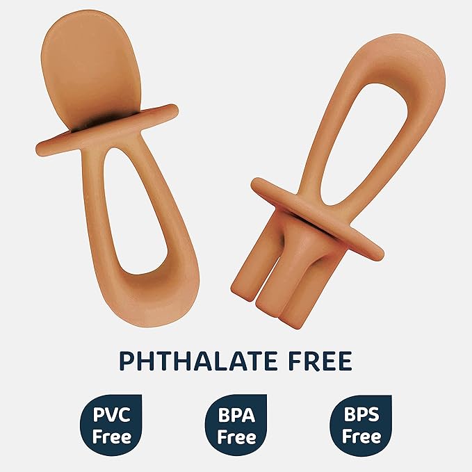 Tiny Twinkle Silicone Training Utensils - Baby Spoons & Baby Forks For Self-Feeding Training - Silicone Baby Led Weaning Utensils For Toddlers And Babies 6-24 Months - Baby Feeding Supplies (Cinnamon)