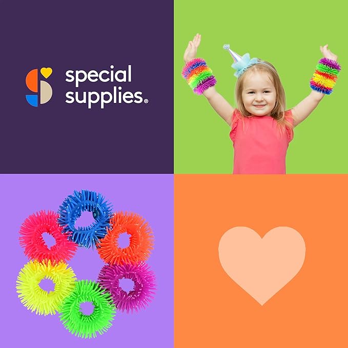 Special Supplies Squishy Fuzzy Band Bracelets for Kids, 6 Pack, Flexible and Stretchy Wearable Sensory Toys, Tactile Silicone Squiggly Touch, Bright and Colorful Wristbands