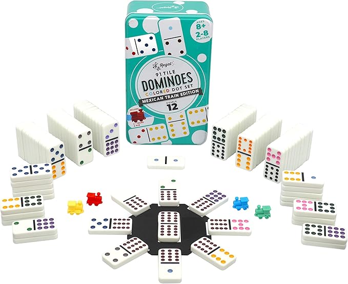 Regal Games Double 12 Mexican Train Dominoes Set with 91 Colored Domino Tiles, 4 Trains, Hub & Collector's Tin – for 2-8 Players, Ages 8+ – Perfect for Family Game Night, Kids & Adults