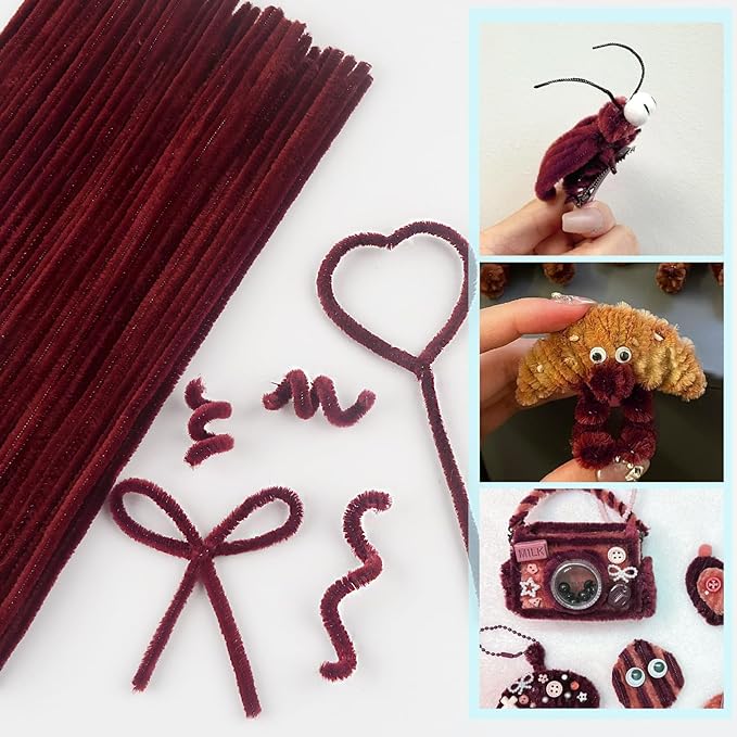 TOAOB 100pcs Pipe Cleaners Dark Red Pipe Cleaners Chenille Stems 6mm x 12 Inch Fuzzy Sticks Craft Supplies for Art DIY Crafts Decorations