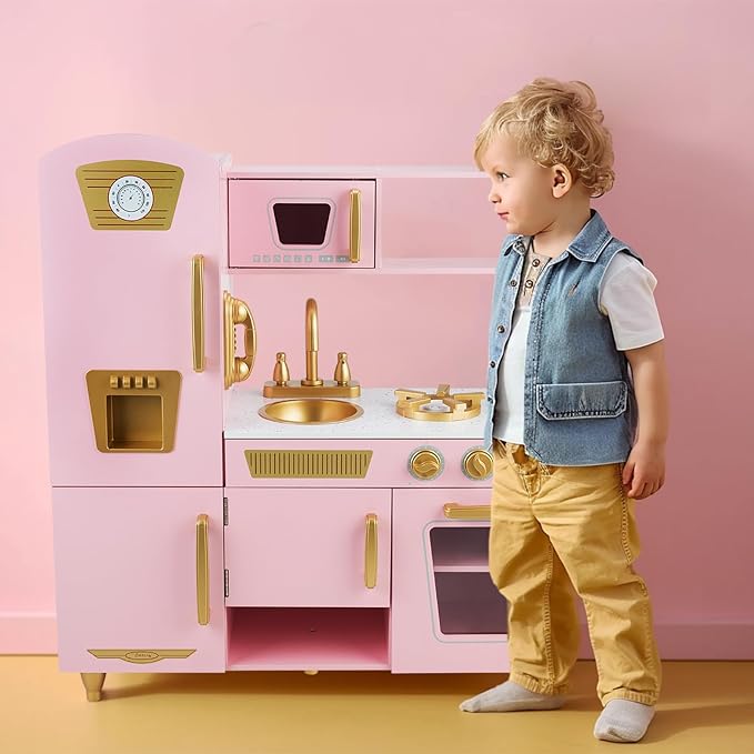 Kitchen Playset for Kids Ages 3-8, Wooden Pretend Play Kitchen for Toddlers, Including Telephone, Ice Maker, Refrigerator, Dimensions: 35” H x 31” W x 12” D (Pink)