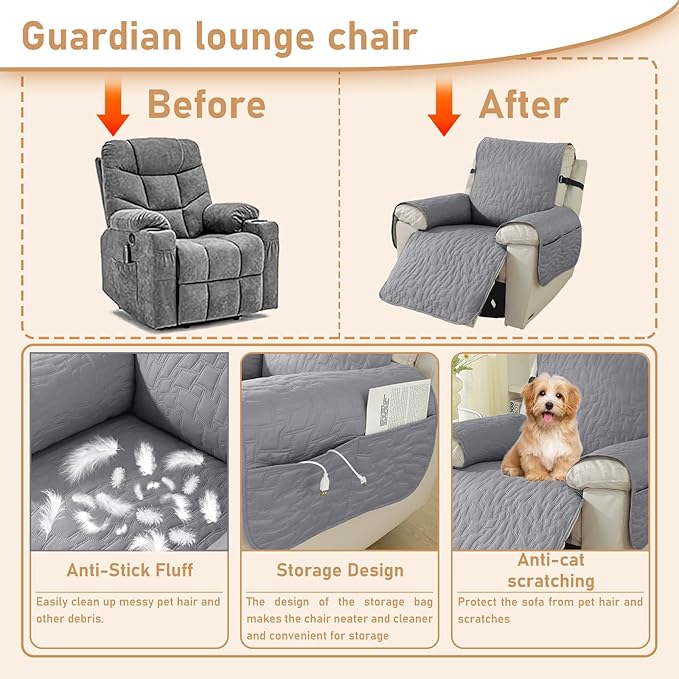 100% Waterproof Recliner Chair Covers for Reclining Chair, Small Recliner Covers That Stay in Place, Non-Slip Recliner Armchair Cover with Pockets for Kids, Pets, Dogs, Cat, Washable,Light gra