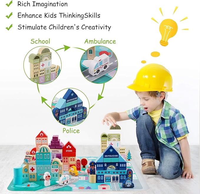 Wooden Building Blocks for Toddlers, Kids City Construction Stacking Creative Toys, Preschool Learning Education Block for Boys Girls Ages 2 3 4 5 (120 pcs)