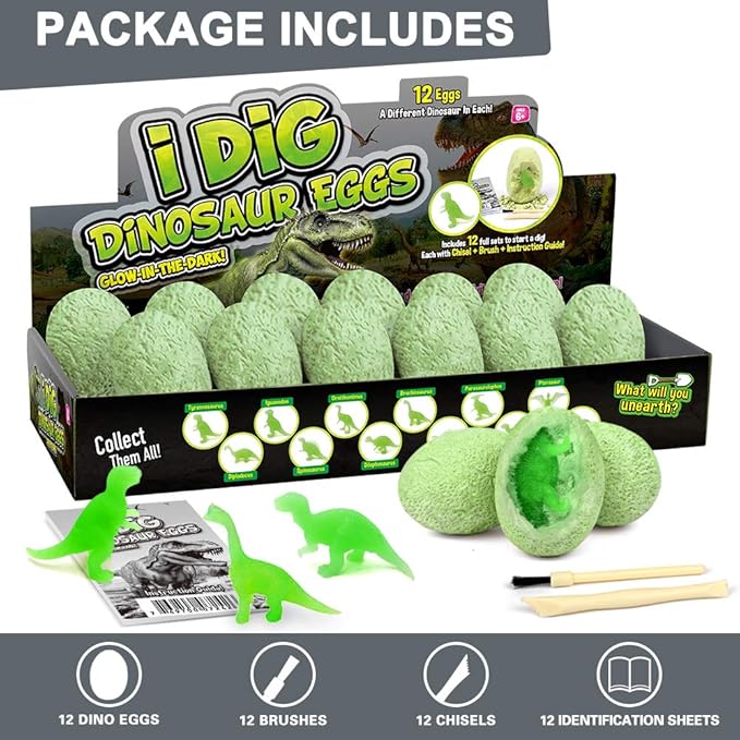 XXTOYS Luminous Dinosaur Eggs Dig Kit Glow-in-The-Dark Dinosaur Eggs 12 Dinosaur Excavation Kits with 12 Unique Dinosaur Toys Dinosaur Dig for Kids Archaeology Educational Science Gift