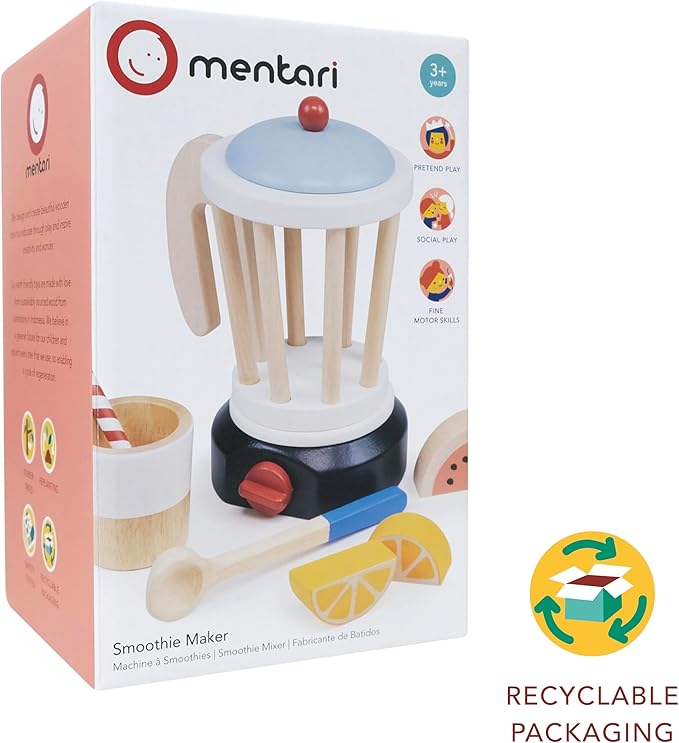 Mentari Toys - Smoothie Maker - 12pc Wooden Blender Play Set with Fruit, Cup, Straw & Spoon - Pretend Play Kitchen Toy for Toddlers - Encourages Creativity, Fine Motor Skills & Healthy Eating - Age 3+