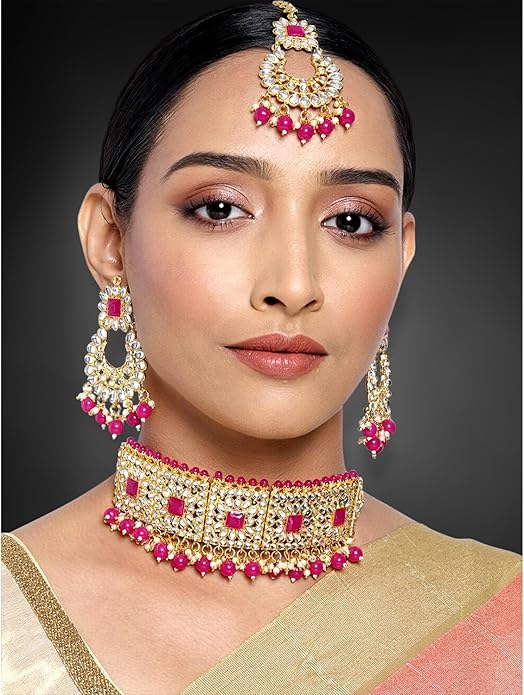 Aheli Bridal Kundan Faux Pearl Choker Necklace with Earrings Maang Tikka Gift for Women Indian Traditional Bollywood Fashion Jewelry Set