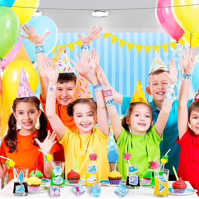 74 PCS Ice Skating Skate Party Favors, 24 PCS Ice Skating Slap Bracelets, 50 PCS Ice Skating Stickers Winter Ice Skating Birthday Party Decorations Supplies for Kids Boys Girls