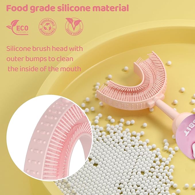 Toddler U-Shaped Toothbrush for 2-6 Years, Training Toothbrush, Kids Toothbrush, Food Grade Soft Silicone Brush Head, 360° Oral Teeth Cleaning Design for Kids, U-Shape Toothbrush for Kids (Pink