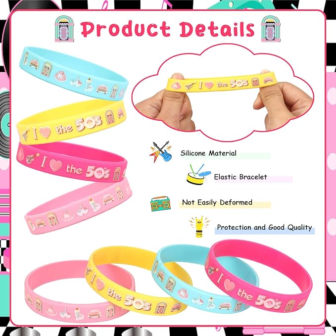 Serencatcher 50’s Sock Hop Party Bracelets, 1950s Party Decorations with 24pcs Rock and Roll Party Favors Silicone Bracelets Wristbands for Retro Rock N Roll Music Disco Dancing Birthday Party