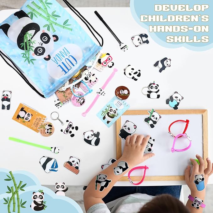 Abbylike 129 Pcs Panda Party Supplies Favors for Kids Panda Themed Birthday Party Supplies Gifts Include Panda Stickers Keychain Notebook Drawstring Bags Badges Pens Silicone Wristbands Headbands