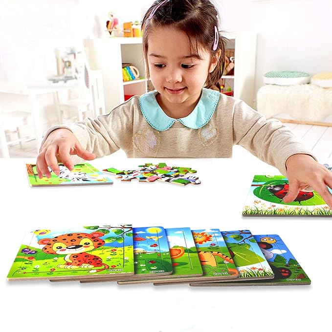 SANNIX 12 Pack Jigsaw Puzzles for Toddlers Wooden Animals Jigsaw Puzzles 9 pcs with 12 Organize Bags for Kids Ages 2 3 4 5 Preschool Educational Puzzles Learning Travel Toys for Boys and Girls