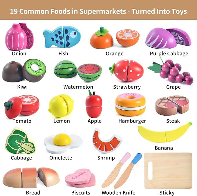 WHOHOLL Wooden Play Food for Kids Kitchen Playset, Play Kitchen Accessories Pretend Cutting Food Montessori Toys for 2+ Year Old with Basket, Toy Food for Fine Motor Skills