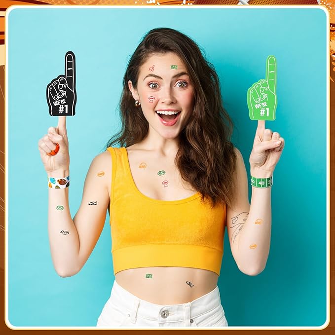 Aoriher 120 Pcs Football Sport Balls Party Favors Set Serve 24, Football Goodie Foam Finger Mini Stress Ball Slap Bracelet Charm Bracelet Stamp for Kids Party Supplies