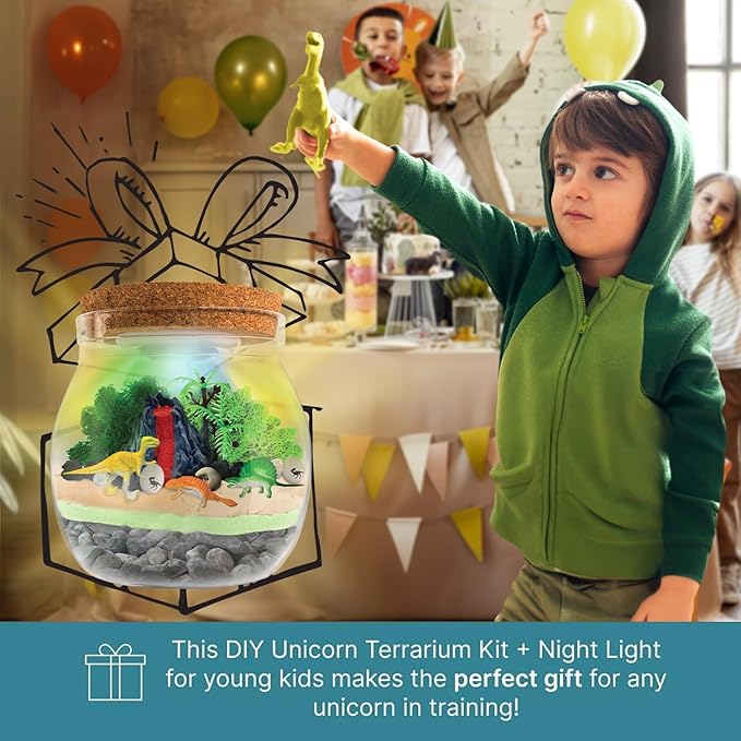 Dinosaur Light Up Terrarium Kit for Kids I Dinosaur Toys Craft Kits for Kids I Night Light for Kids Crystal Growing Kit I Terrarium Jar for Kids I Birthday Gifts for Girls Age 5-12