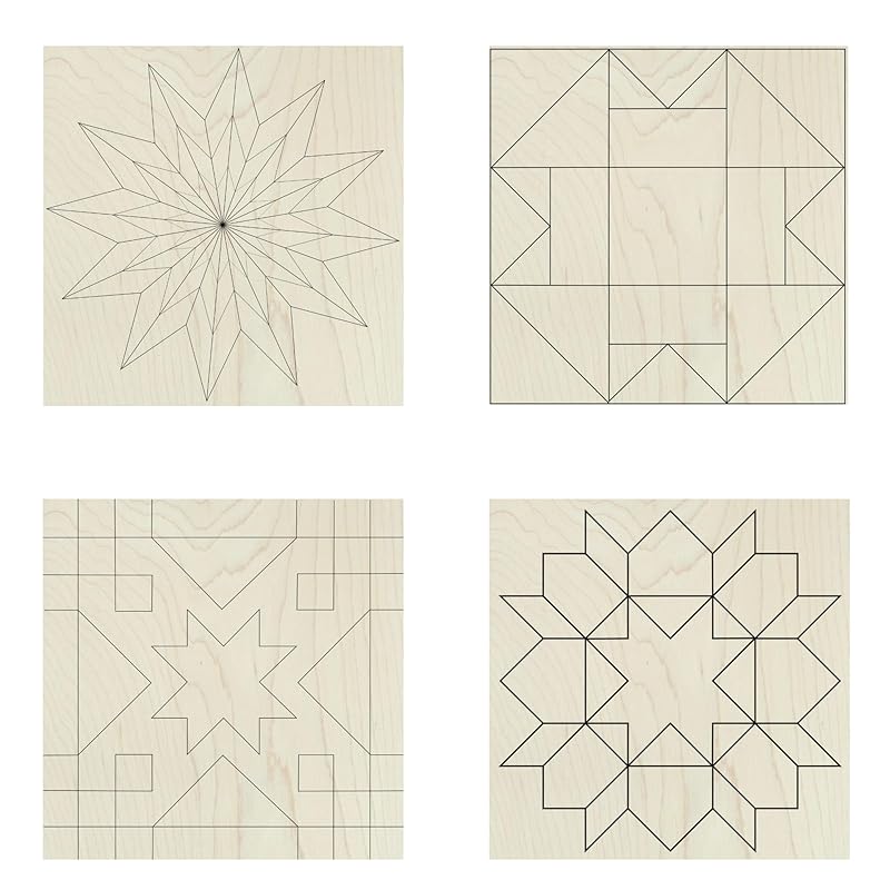 Set of Four 9 Inch Barn Quilt Kit DIY Pattern Unfinished Wood Quilting Block Sign Paintable Crafts for Women (Starburst, Aesthetic Triangles, Cottage Chic Star, Swoon) AVTRBoutique