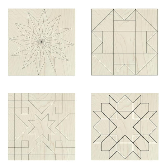 Set of Four 9 Inch Barn Quilt Kit DIY Pattern Unfinished Wood Quilting Block Sign Paintable Crafts for Women (Starburst, Aesthetic Triangles, Cottage Chic Star, Swoon) AVTRBoutique