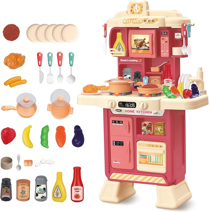deAO Kids Kitchen Playset 35PCS Play Kitchen Toys Accessories with Sounds Lights,Cooking Stove Steam,Pretend Play for Toddler Aged 3 4 5 6 7 8 Years (Red)