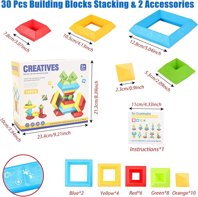 Montessori Toys for Toddlers Ages 3 4 5 6 Year Old Boys Girls 30 Pcs Pyramid Stacking Building Blocks Preschool Learning Activities STEM Sensory Toys Gifts for Kids Age 3-6