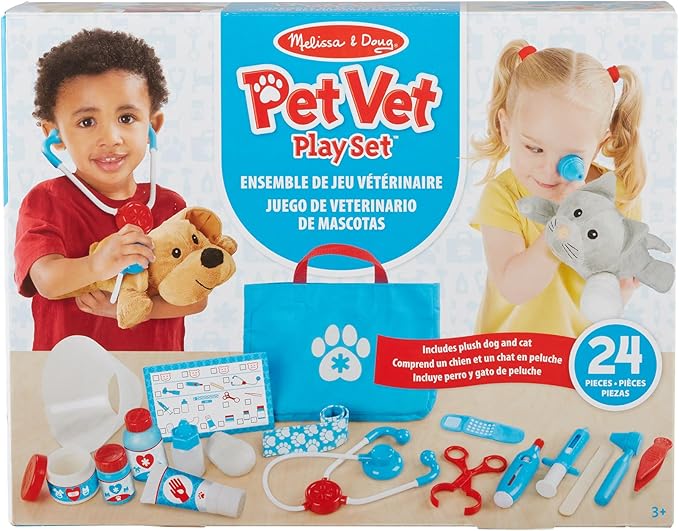 Melissa & Doug Examine and Treat Pet Vet Play Set, 24-Piece Animal Doctor Playset with Dog & Cat Plushies, Pet Doctor Kit & Accessories, Preschool Toys for Girls & Boys Ages 3+