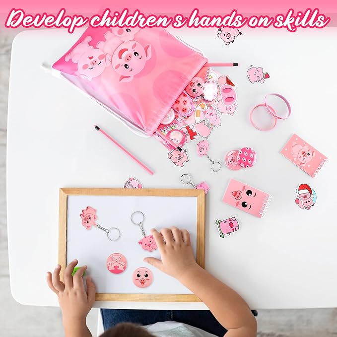 Nezyo 140 Pcs Pig Party Favors for Kids Include Pig Goodie Bags Bracelets Badges Keychains Spiral Notepads Pink Pencils and DIY Stickers for Girls Boys Birthday Baby Shower Pig Party Supplies