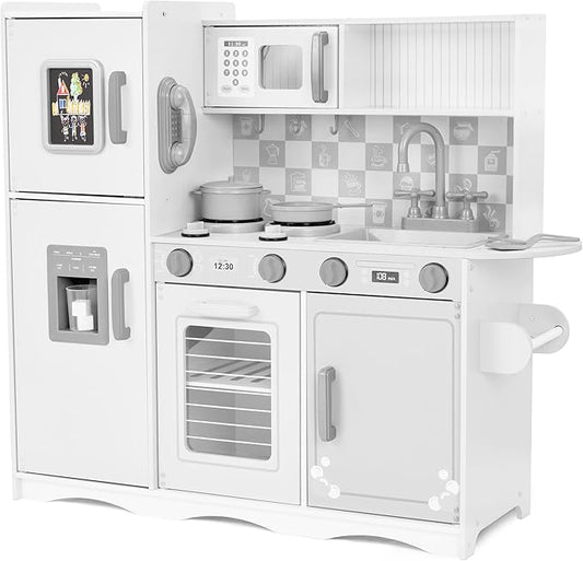 Lil' Jumbl Kids Kitchen Set, Pretend Wooden Play Kitchen with Chalk Board, Play Phone, Towel Rack & Ice Dispenser, Clicking Knobs, Pots & Utensils Included - White
