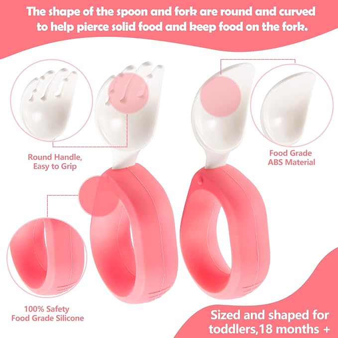 Baby Self Feeding Training Spoon and Fork Set with Travel Case, BPA-Free Cute Circle Toddler Training Utensils, Silicone/ABS Great Tableware Set Spoons Fork for Kids(Pink)