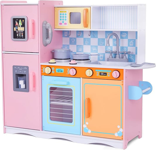 Lil' Jumbl Kids Kitchen Set, Pretend Wooden Play Kitchen with Chalk Board, Play Phone, Towel Rack & Ice Dispenser, Clicking Knobs, Pots & Utensils Included - Colorful
