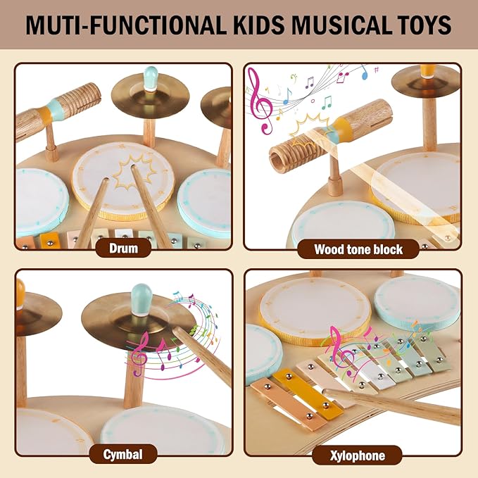 Toddlers Drum Set Toys for 1 Year Old Boy Girls,Baby Drum with Xylophone for Toddlers 1-3,Musical Instruments, Kids Wooden Montessori Toys, Christmas Birthday Gifts for Age 1 2 3+