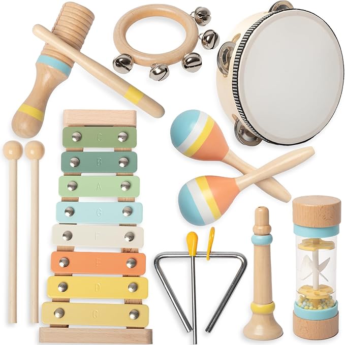 Toddlers Musical Instruments - Montessori Musical Toys for Toddlers 1-3,Modern Boho Xylophone,Neutral Colors Wooden Percussion Instruments Set